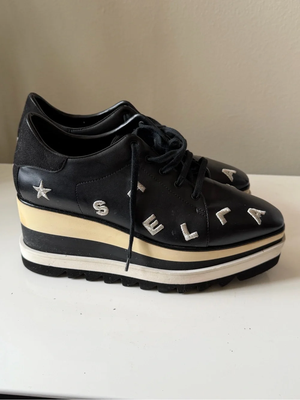 STELLA McARTNEY Elyse Black Platform Oxford Shoes Stars Size 39 Made in Italy